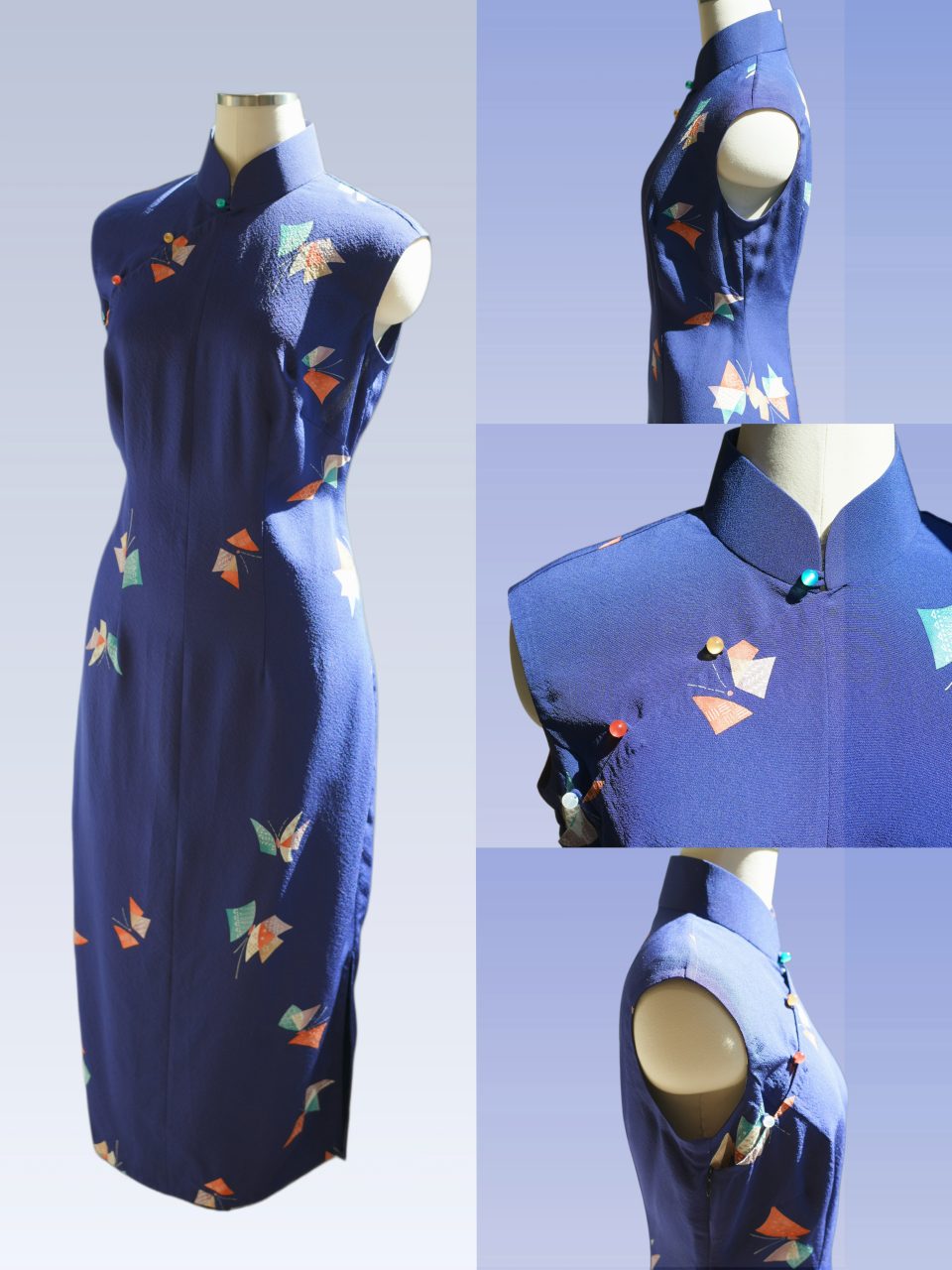 Indigo violet Qipao with abstract butterfly batik and four mismatched buttons